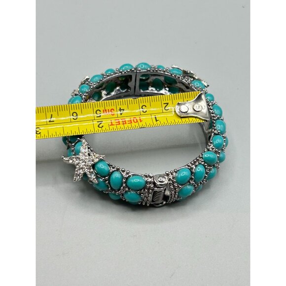 Sea Life Hinged Clamper Bangle Turquoise Cabochon Rhinestones Star Fish Unsigned - Picture 11 of 11